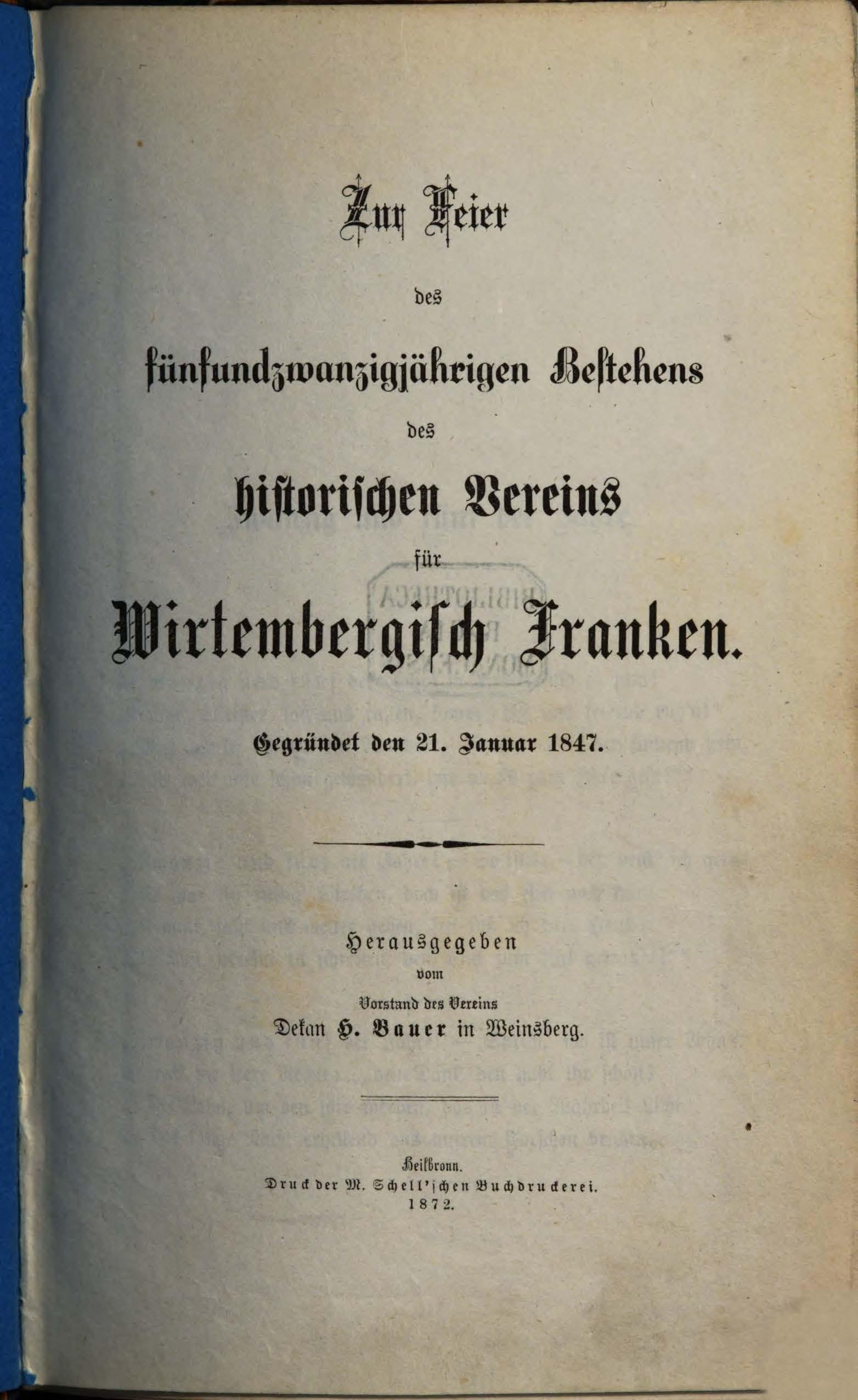 Cover Zur Feier des fünfundzwanzigjälhrigen Bestehens des historischen Vereins für das Wirtembergisch Franken